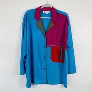 Vintage Helene Size 1X 100% Silk Colorblock Embellished Long Sleeve Blouse Top